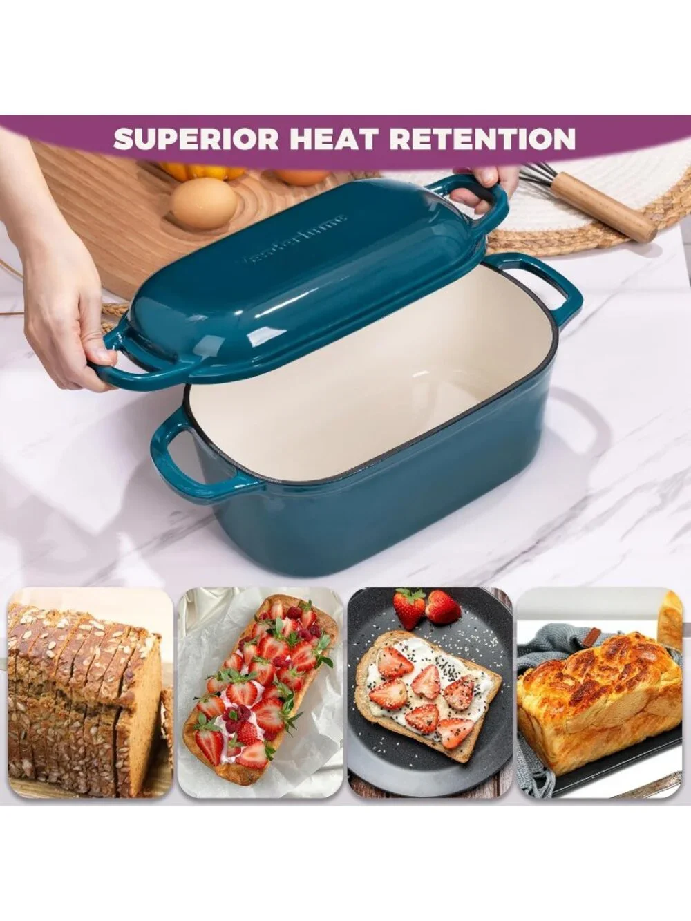 4.6-Quart Teal Oval Dutch Oven for Bread Baking 2 in 1 Enameled Cast Iron Pan